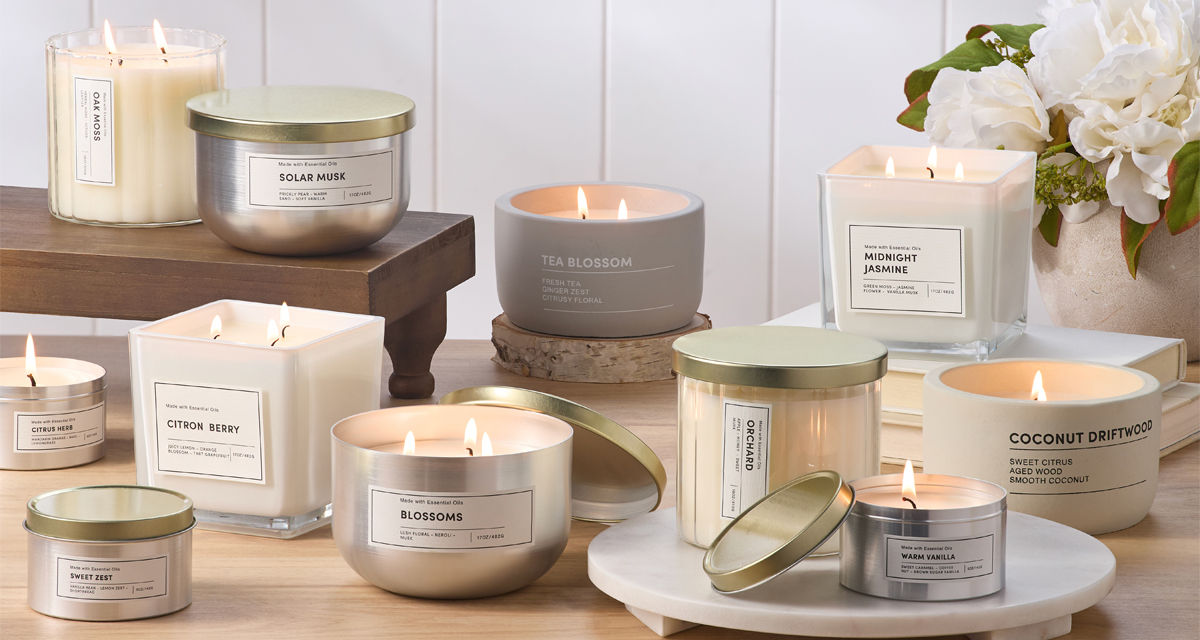 Spring candles and fragrances from pOpshelf: scented container candles, tin candles, candlesticks, and reed diffusers.