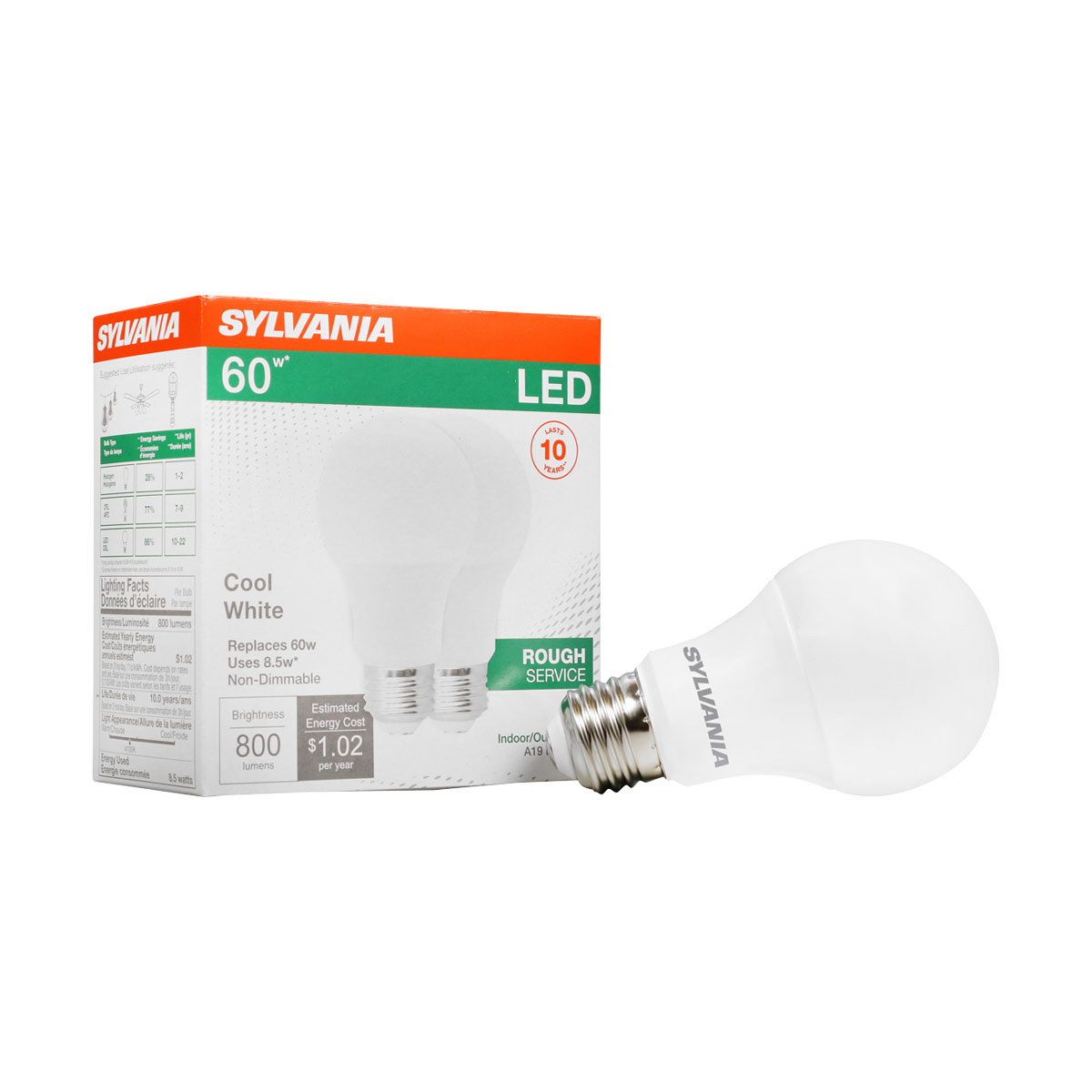 SYLVANIA LED Rough Service A19 Light Bulb, 60W, Bright White, 2 Pack