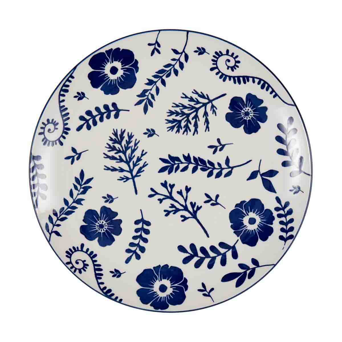 Blue and White Floral Patterned Ceramic Dinner Plate, 10.5 in.